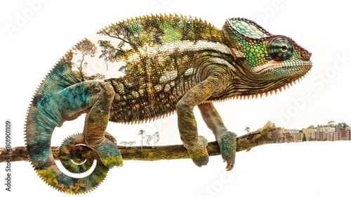 double exposure, white background, Madagascar's forest-dwelling lesser chameleon & urban development © Muhammad