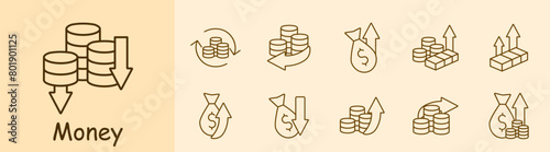 Money set icon. Coins, arrows, profits, losses, financial cycle, deposit, investment, increasing profits, bullion, dollar, bank transfer, large amount of money. Working with money concept.