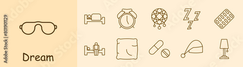 Dream set icon. Slumber, repose, bed, alarm clock, dream catcher, Z, snoring, melatonin, pillow, tablets, pills, sleep cap, lamp, man on doss. Sleep concept.