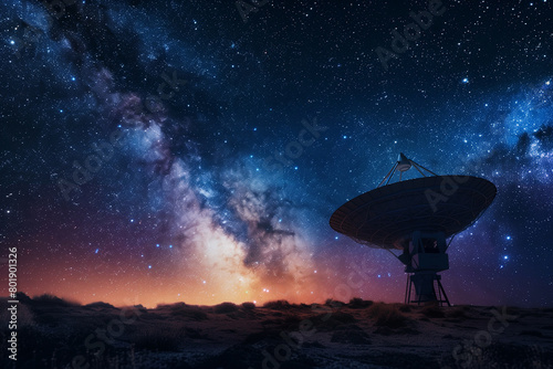 Beneath the breathtaking Milky Way, Powerful telescope for astronomy searching and big scientific observatory satellite antenna dish standing tall under the starry night sky,