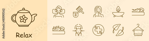 Relax set icon. Tea, tea ceremony, facial massage, acupuncture, cream, oils, healthy and strong hair, aroma candle, stone therapy, towel, weight loss, cross, traditional medicine. Sauna concept.