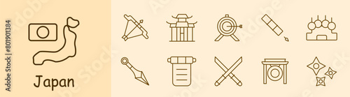 Japan set icon. Flag, country, island, map, bow, temple, Japanese architecture, blowpipe, kunai, gong, Newton s pendulum, manuscript, katanas, cross swords, shuriken. Japanese aesthetics concept.