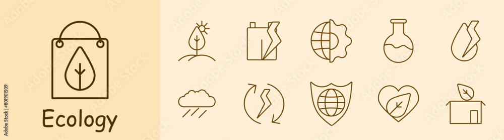 Ecology set icon. Package, sprout, foliage, plastic recycling, symbiosis of nature and man, earth, flask, moly, rain, cycle, conversion, shield, protecting planet, heart. Environment care concept.