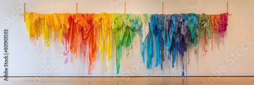 A large-scale abstract tapestry in vibrant hues, suspended from a wooden dowel and cascading down a white wall, infusing the space with color and movement photo