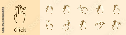 Clicks set icon. Double click, palm, hand, swipe, move object, scroll down with three fingers, hold, move up, pinch with three fingers, hold, delay with three fingers. Gestures concept. © Anastasia