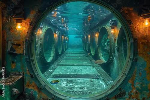 Underwater research facility, wideangle, fisheye lens, exterior lights revealing marine life photo