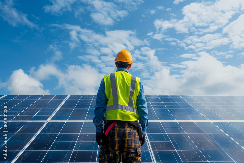 Electrician in safety gear evaluating solar panels under blue sky Electrician in safety gear evaluating solar panels under blue sky