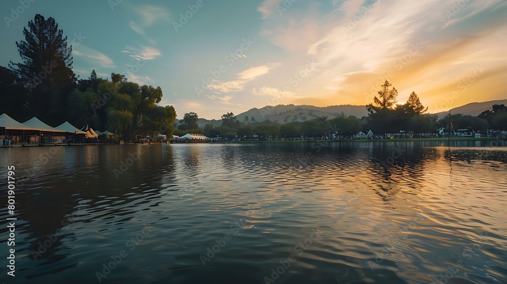 Fototapeta premium Tranquil water surface reflects a dramatic sunset sky over lush distant hillsides for backdrop use.