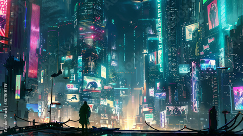 Futuristic cyberpunk cityscape with vibrant neon lights photo