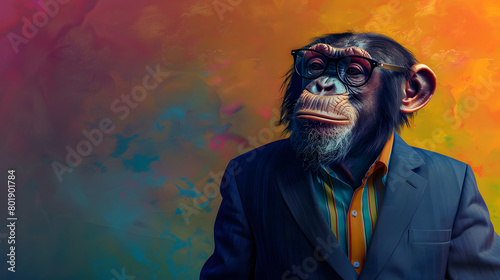 Chimpanzees in shirts and jackets are posing against a gradient background