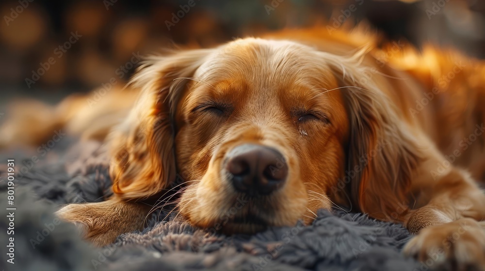 A golden retriever dog is sleeping on a gray carpet A golden retriever dog is sleeping on a gray carpet