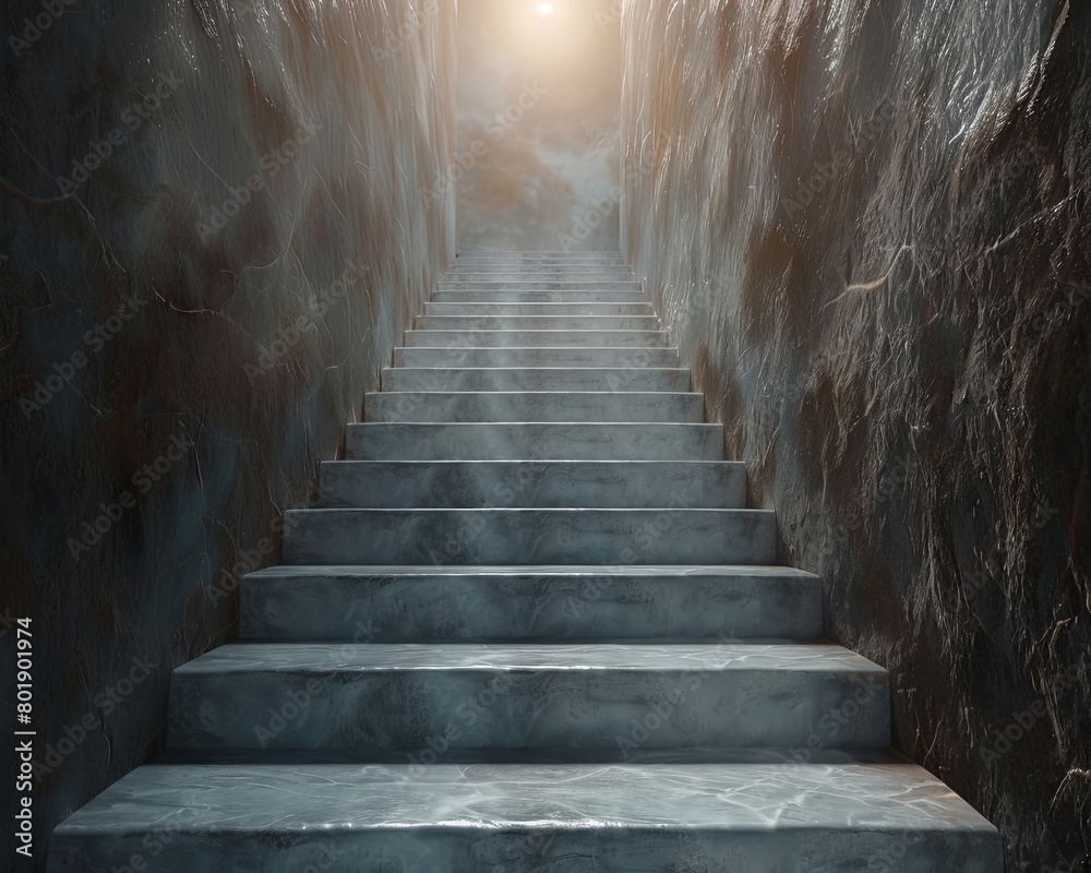 Conceptual image of a staircase leading to a bright light, symbolizing the path to success.