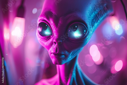 Close-up of colorful alien face with large eyes in neon light