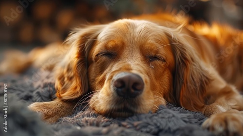 A golden retriever dog is sleeping on a gray carpet