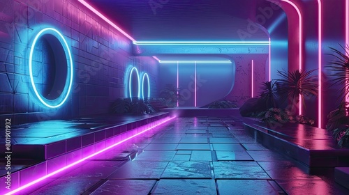 Retro-futurism inspired by sci-fi movies with metallic finishes and neon accents. photo