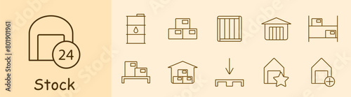 Stock set icon. Reserve, margin, supplies, store, boxes, depot, barrel, oil, mail, port, shelves with warehouses, asterisk, plus, storage, port. Stockroom concept.