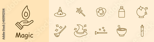 Magic set icon. Tricks, fireball, wizard s hat, magic wand, dreams, cloud, moon and stars, fortune telling ball, magic broom, flying cane, hat come to life, spice grinder. Focus concept.
