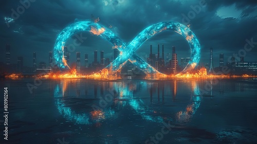A glowing blue infinity symbol hovers over a dark cityscape