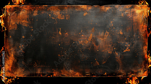 A black and orange sign with flames on it. The sign is old and worn, with a rough texture. The flames on the sign are large and intense, giving the impression of danger or warning photo