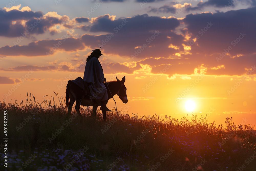 photo with the colors of dusk painting the sky, the silhouette of Jesus Christ riding a donkey on a meadow creates a stirring religious tableau, inviting reflection and introspecti photo with the colors of dusk painting the sky, the silhouette of Jesus Christ riding a donkey on a meadow creates a stirring religious tableau, inviting reflection and introspecti
