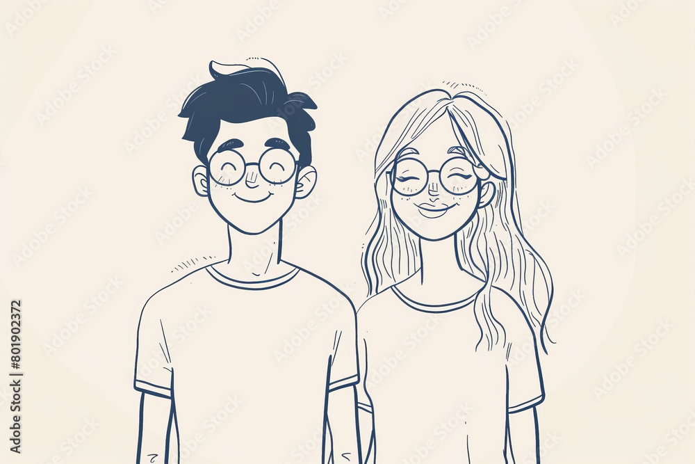 Hand drawn sketch of a young couple smiling together Hand drawn sketch of a young couple smiling together