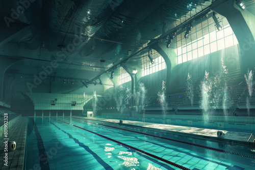 Surreal underwater scene in an indoor swimming pool