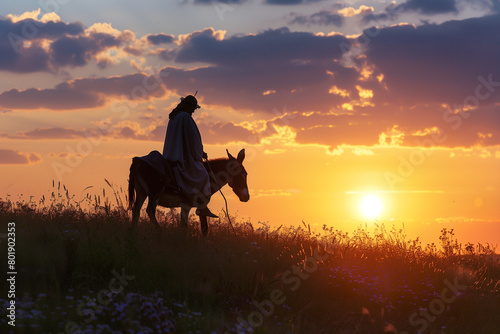 photo with the colors of dusk painting the sky, the silhouette of Jesus Christ riding a donkey on a meadow creates a stirring religious tableau, inviting reflection and introspecti