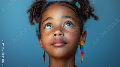 A young girl with curly hair and rainbow earrings looks up in wonder.