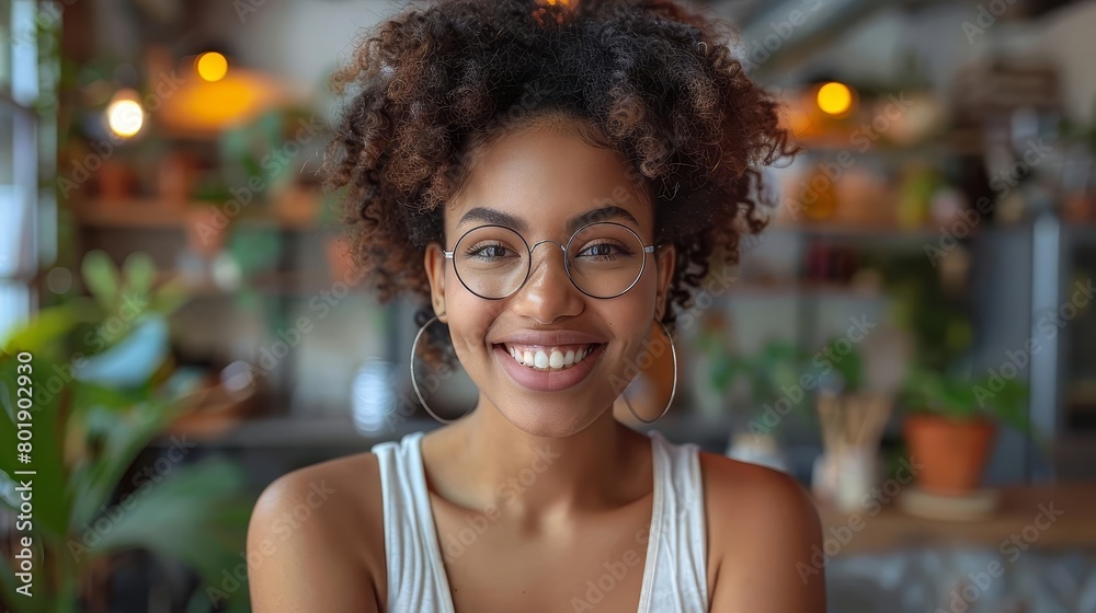 Happy young woman with curly hair and glasses smiling. Happy young woman with curly hair and glasses smiling.