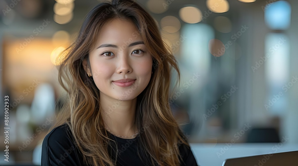 A young Asian woman is sitting in a cafe, smiling at the camera. She has long, wavy hair and is wearing a black t-shirt.