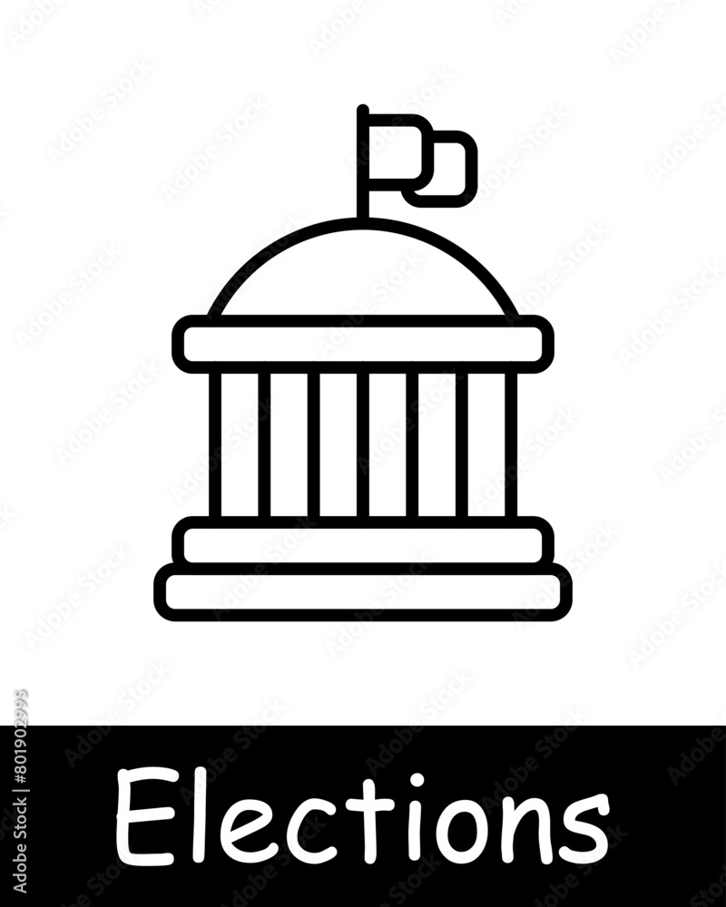 Elections set icon. State building, vote, candidate support, silhouette, people rights, statistics, ballot, black lines on white background, battle of opinions. Voting concept.