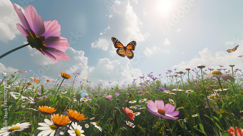 a butterfly flying over a field of flowers © HillTract