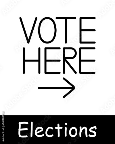 Elections set icon. Vote here, arrow, vote, candidate support, silhouette, people rights, statistics, ballot, black lines on white background, battle of opinions. Voting concept.