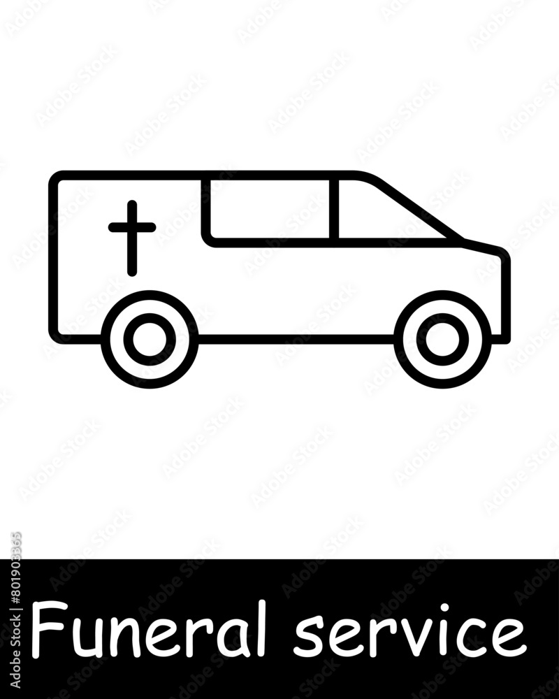 Seth Icon Funeral service. Bible, cross, religion, Christianity, funeral home, car, hearse, grief, sorrow, sadness, black lines on white background. Burial concept.