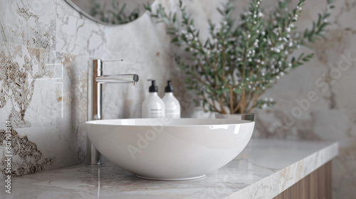 Realistic 3D render close up elegant bathroom vanity 