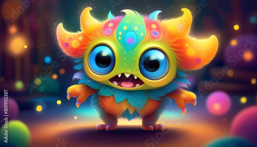 A cartoon illustration of a cute, colorful monster posing in front of a camera