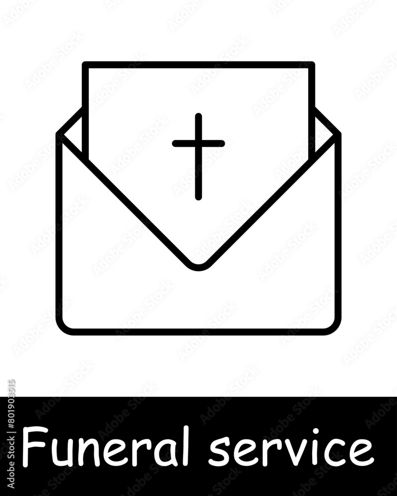 Obraz premium Seth Icon Funeral service. Bible, cross, religion, Christianity, funeral home, letter, envelope, death, grief, sadness, black lines on white background. Burial concept.