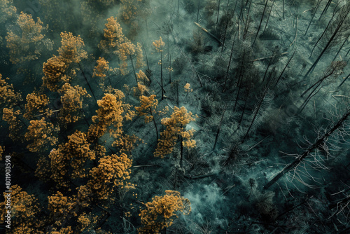 An aerial view of a forest after a wildfire  depicting a stark contrast between untouched green trees and charred tree stumps.  