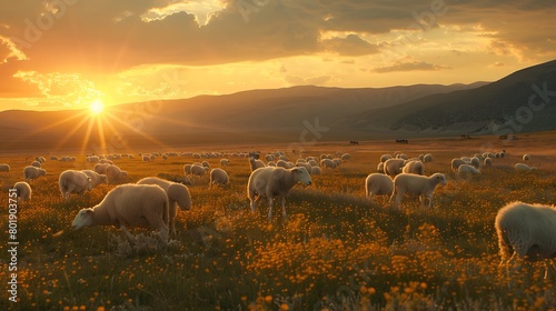A sun-kissed field dotted with grazing sheep, awaiting their fate on the day of Kurban Bayrami photo