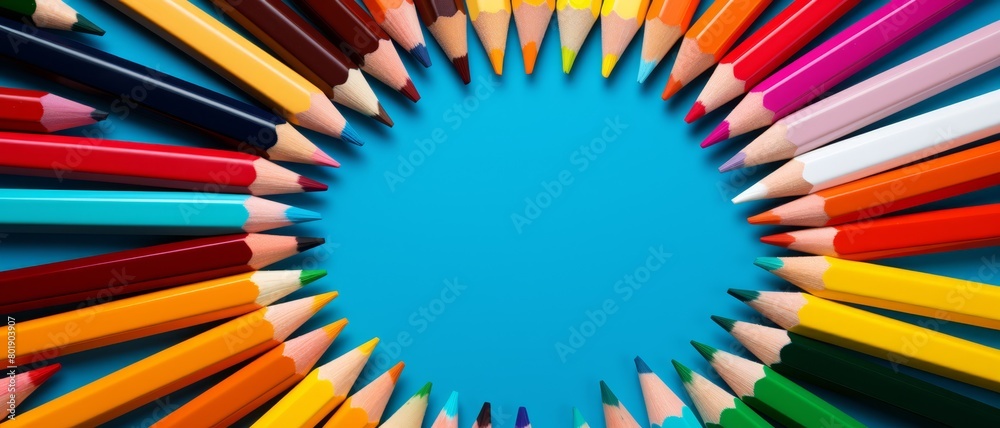 Brightly colored pencils arranged in a circle on a vibrant background, ideal for back to school promotions, Brightly colored pencils arranged in a circle on a vibrant background, ideal for back to school promotions,