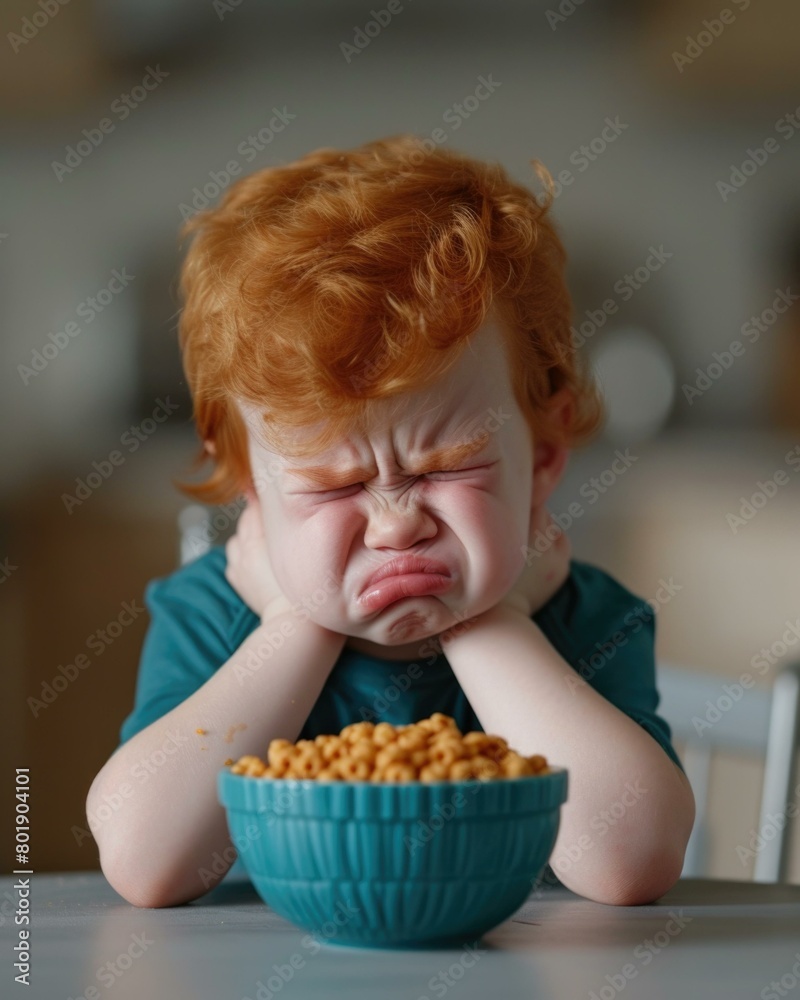 The little boy is very upset about eating his breakfast. AI.