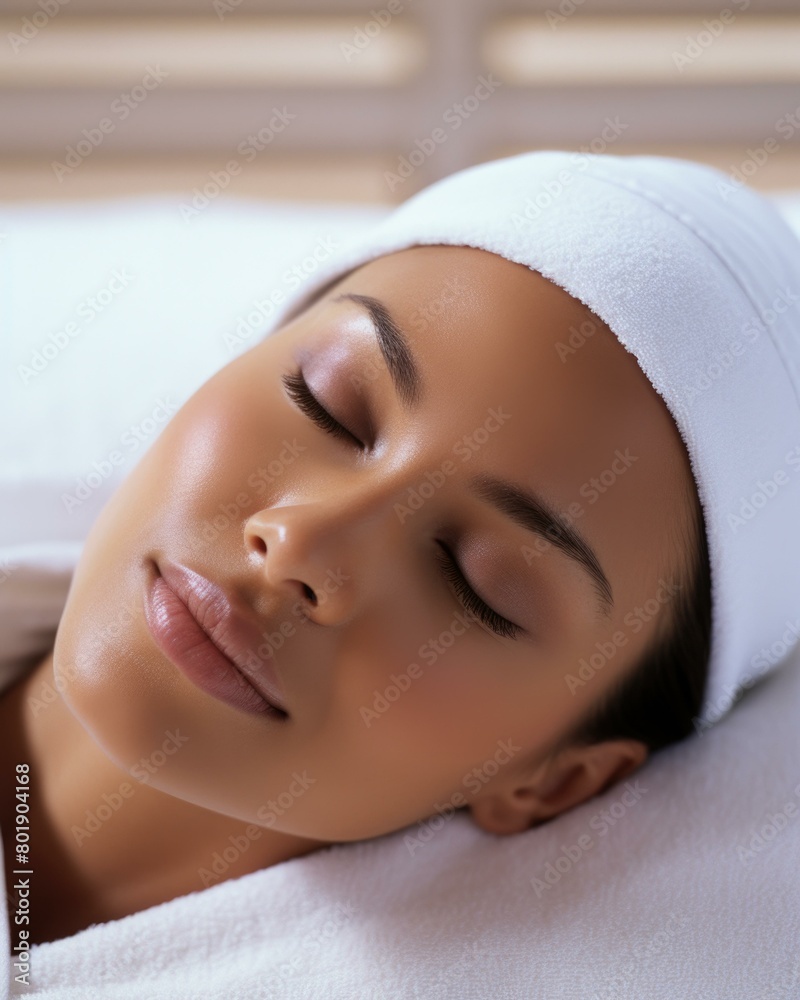 A young woman is lying on a bed with her eyes closed and a white towel on her head. She is wearing a white robe and has a serene expression on her face. AI. A young woman is lying on a bed with her eyes closed and a white towel on her head. She is wearing a white robe and has a serene expression on her face. AI.