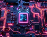 The image shows a close-up of a computer's motherboard with a glowing CPU and other electronic components. AI.