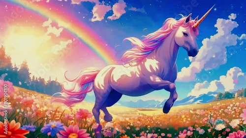 magical unicorn prancing through a field of sparkling flowers under a rainbow sky, 4k High-Quality anime-style animation video photo
