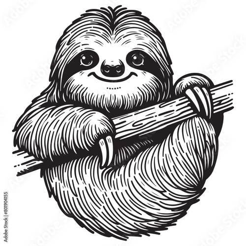 Line art of sloth hanging the tree vector