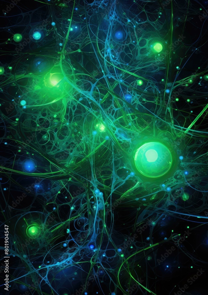 Glowing green and blue neurons firing in the brain. AI. Glowing green and blue neurons firing in the brain. AI.