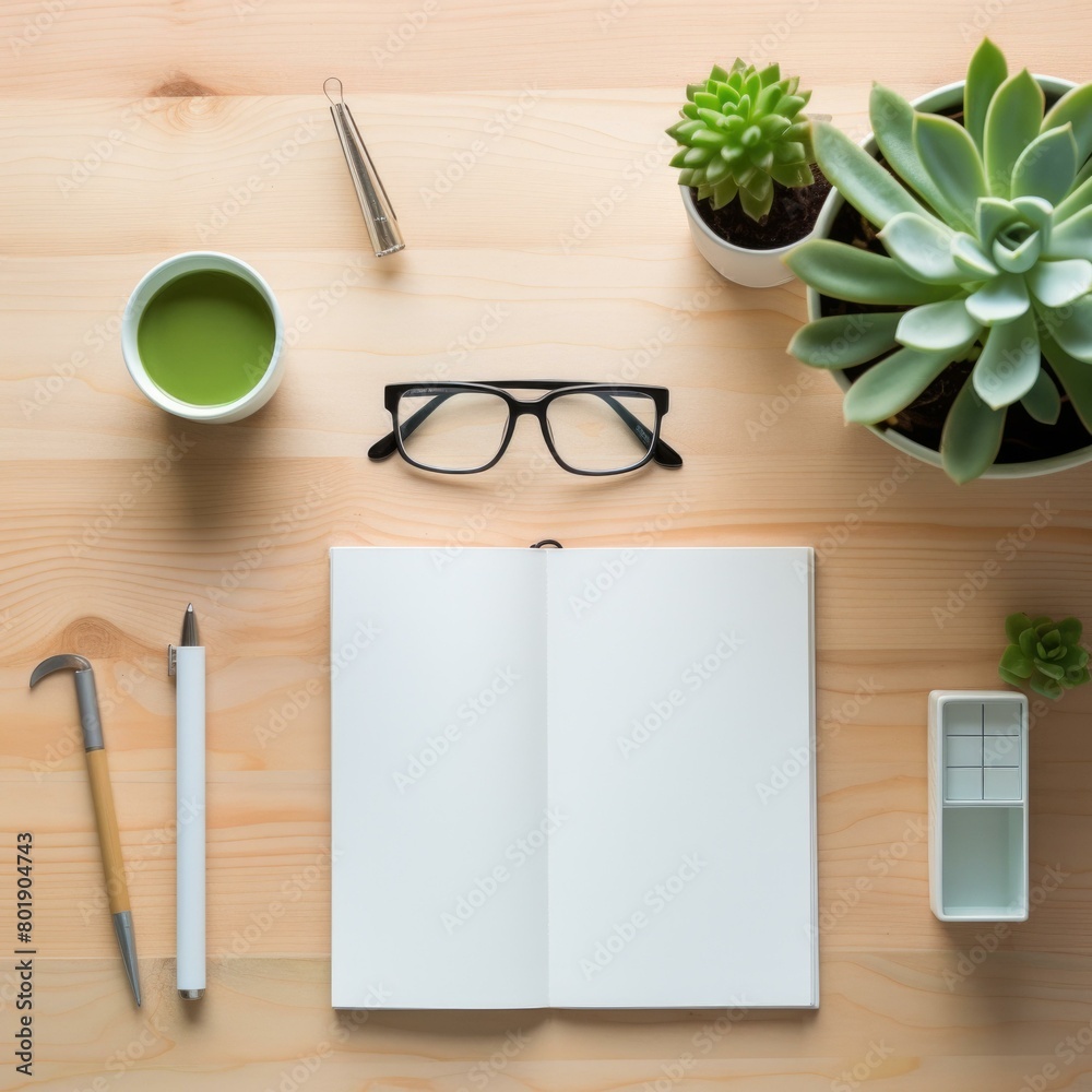 Workspace with matcha, glasses, pen, notebook, and plants. AI. Workspace with matcha, glasses, pen, notebook, and plants. AI.