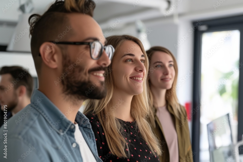 business, startup and people concept - happy creative team or students in office business, startup and people concept - happy creative team or students in office