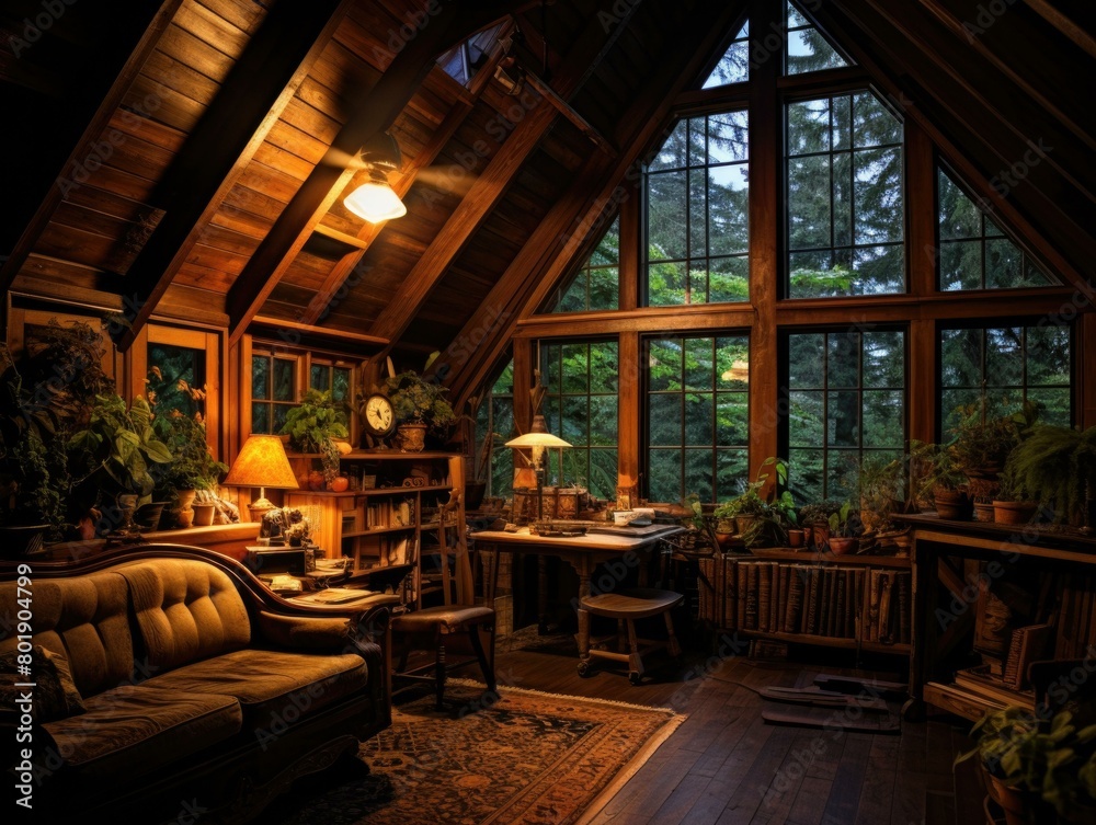 A cozy living room with a vaulted ceiling and lots of windows. AI.