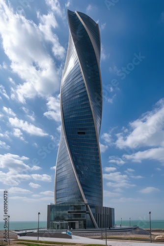 The image shows a modern glass skyscraper with a unique spiral design. AI.